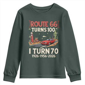 Route Highway 66 Turns 100 I Turn 70 Youth Sweatshirt Vintage 1956 Road Sign Classic Muscle Car Lover 70th Birthday Gift