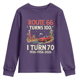 Route Highway 66 Turns 100 I Turn 70 Youth Sweatshirt Vintage 1956 Road Sign Classic Muscle Car Lover 70th Birthday Gift