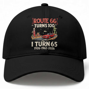 Route Highway 66 Turns 100 I Turn 65 Baseball Cap Vintage 1961 Road Sign Classic Muscle Car Lover 65th Birthday Gift