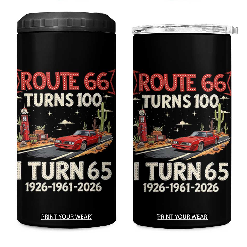 Route Highway 66 Turns 100 I Turn 65 4 in 1 Can Cooler Tumbler Vintage 1961 Road Sign Classic Muscle Car Lover 65th Birthday Gift