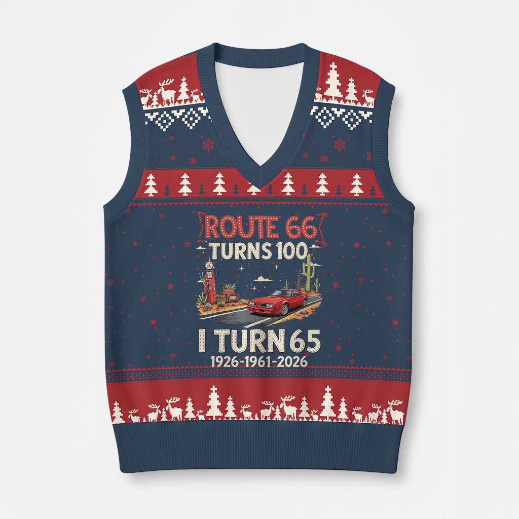 Route Highway 66 Turns 100 I Turn 65 V-Neck Knit Sweater Vest Vintage 1961 Road Sign Classic Muscle Car Lover 65th Birthday Gift TS14 Navy Red Print Your Wear