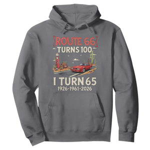 Route Highway 66 Turns 100 I Turn 65 Hoodie Vintage 1961 Road Sign Classic Muscle Car Lover 65th Birthday Gift