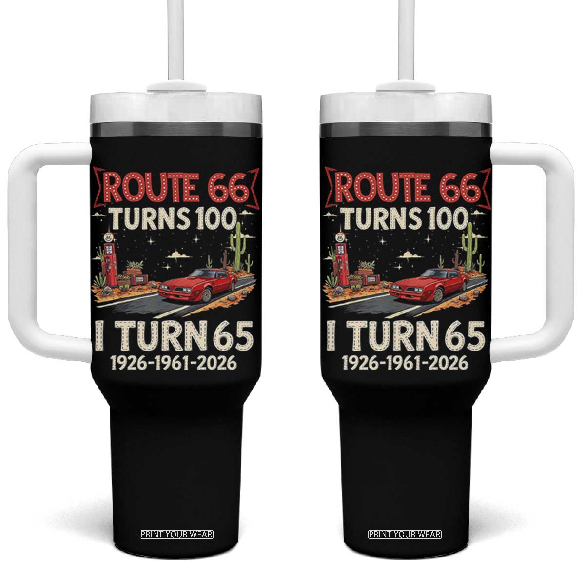 Route Highway 66 Turns 100 I Turn 65 Tumbler With Handle Vintage 1961 Road Sign Classic Muscle Car Lover 65th Birthday Gift