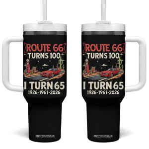 Route Highway 66 Turns 100 I Turn 65 Tumbler With Handle Vintage 1961 Road Sign Classic Muscle Car Lover 65th Birthday Gift