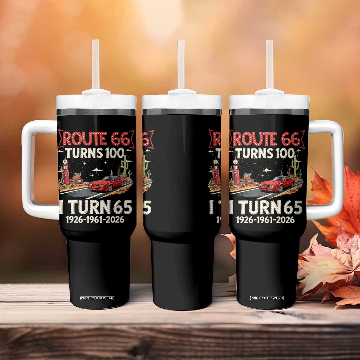 Route Highway 66 Turns 100 I Turn 65 Tumbler With Handle Vintage 1961 Road Sign Classic Muscle Car Lover 65th Birthday Gift