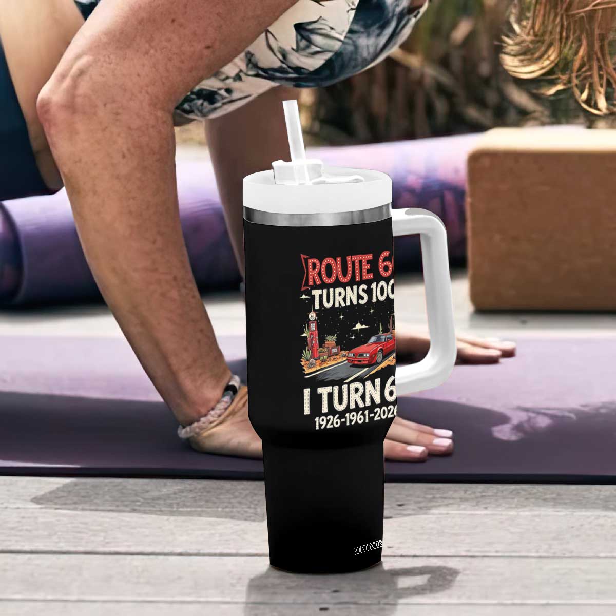 Route Highway 66 Turns 100 I Turn 65 Tumbler With Handle Vintage 1961 Road Sign Classic Muscle Car Lover 65th Birthday Gift
