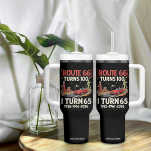 Route Highway 66 Turns 100 I Turn 65 Tumbler With Handle Vintage 1961 Road Sign Classic Muscle Car Lover 65th Birthday Gift
