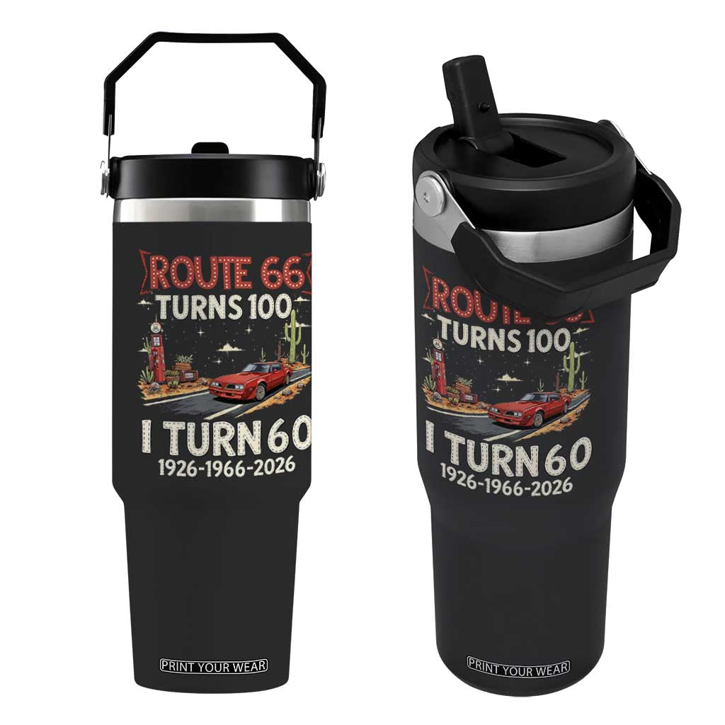 Route Highway 66 Turns 100 I Turn 60 Flip Straw Tumbler Vintage 1966 Road Sign Classic Muscle Car Lover 60th Birthday Gift