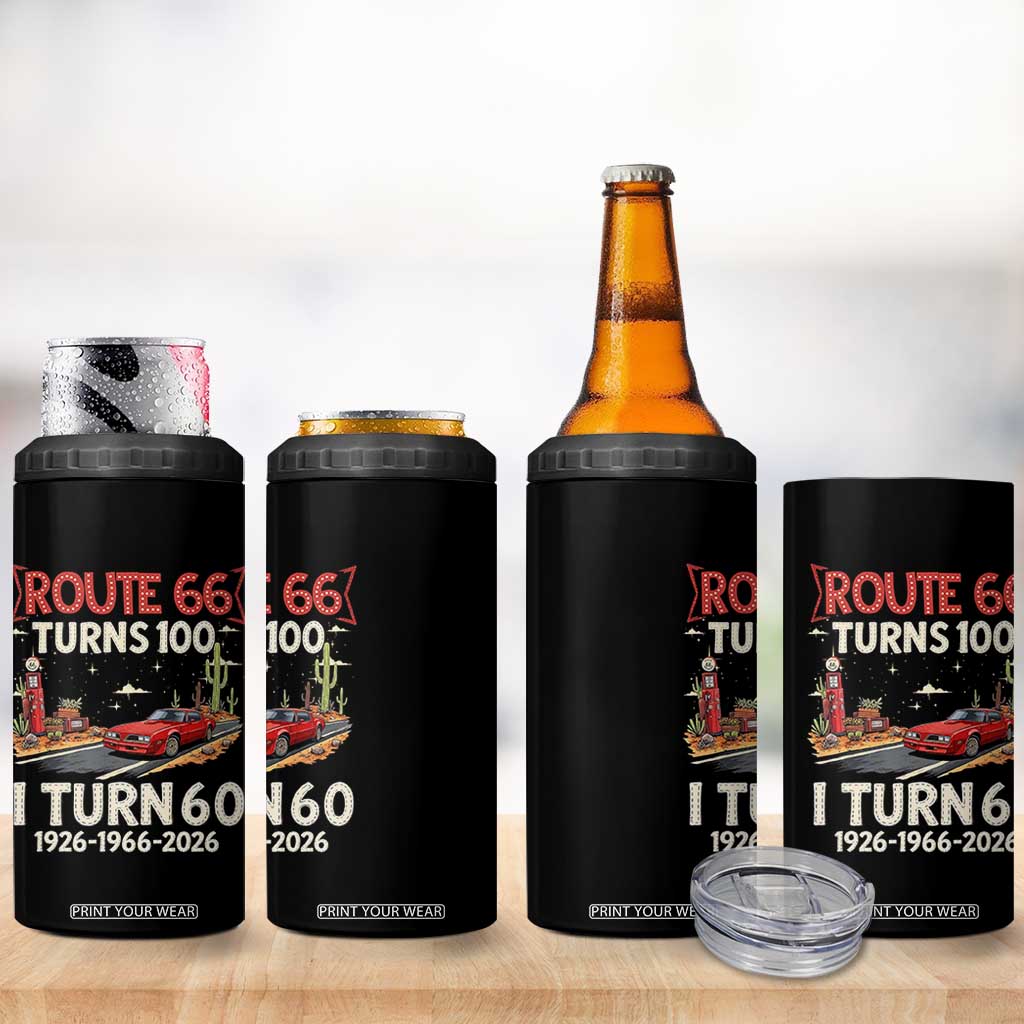 Route Highway 66 Turns 100 I Turn 60 4 in 1 Can Cooler Tumbler Vintage 1966 Road Sign Classic Muscle Car Lover 60th Birthday Gift