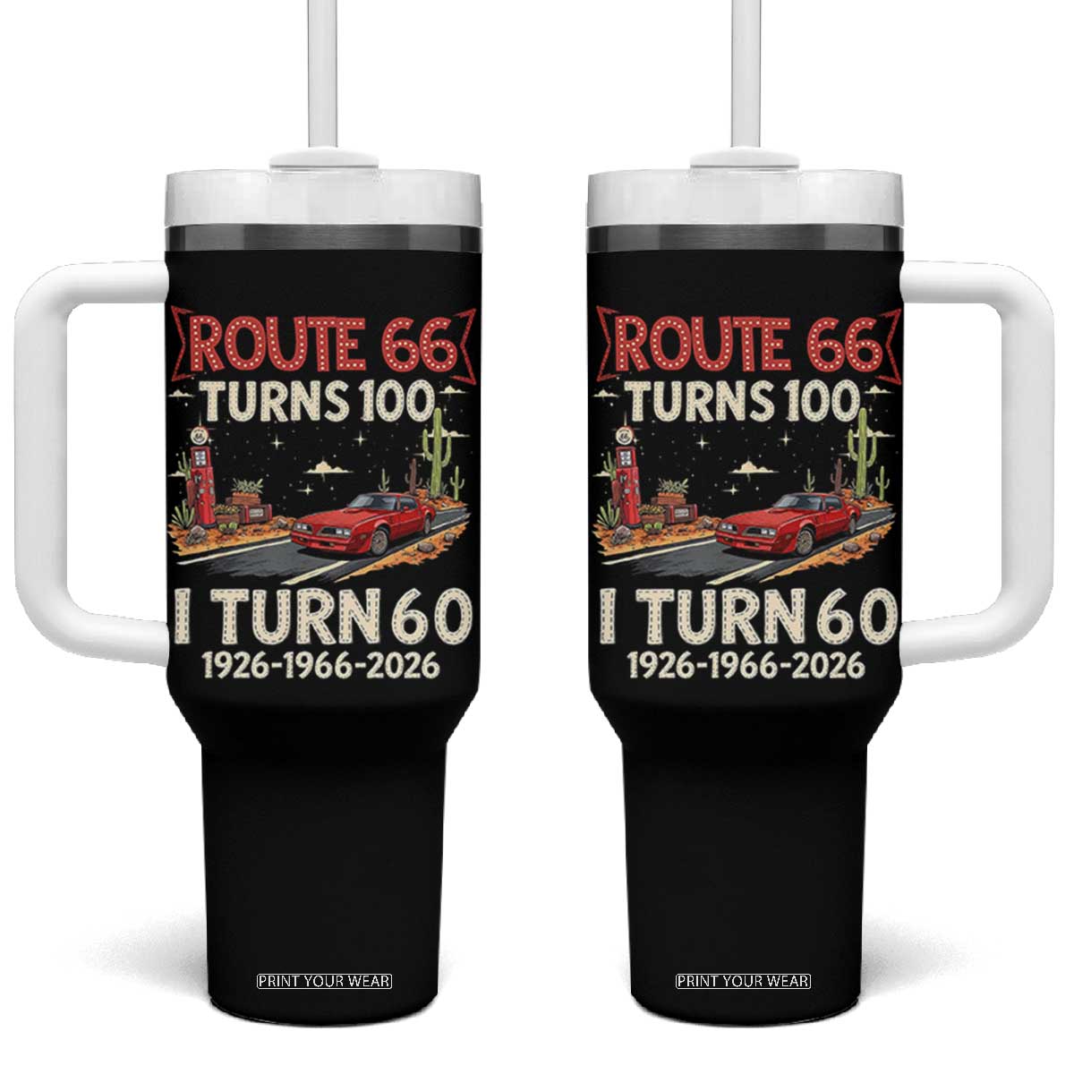 Route Highway 66 Turns 100 I Turn 60 Tumbler With Handle Vintage 1966 Road Sign Classic Muscle Car Lover 60th Birthday Gift