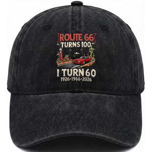 Route Highway 66 Turns 100 I Turn 60 Washed Cotton Baseball Cap Vintage 1966 Road Sign Classic Muscle Car Lover 60th Birthday Gift