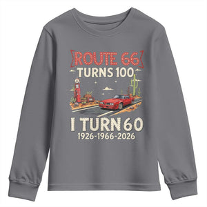 Route Highway 66 Turns 100 I Turn 60 Youth Sweatshirt Vintage 1966 Road Sign Classic Muscle Car Lover 60th Birthday Gift