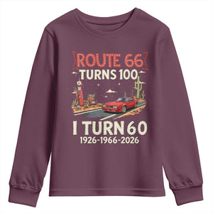 Route Highway 66 Turns 100 I Turn 60 Youth Sweatshirt Vintage 1966 Road Sign Classic Muscle Car Lover 60th Birthday Gift
