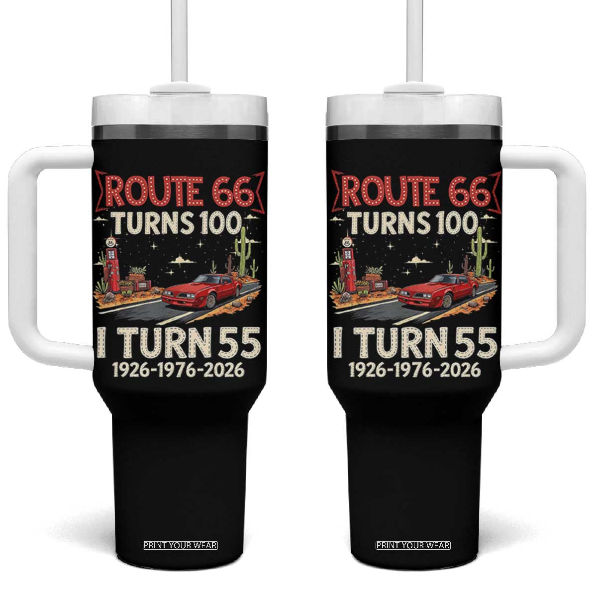 Route Highway 66 Turns 100 I Turn 55 Tumbler With Handle Vintage 1971 Road Sign Classic Muscle Car Lover 55th Birthday Gift