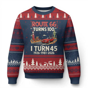 Route Highway 66 Turns 100 I Turn 45 Ugly Christmas Sweater Vintage 1981 Road Sign Classic Muscle Car Lover 45th Birthday Gift