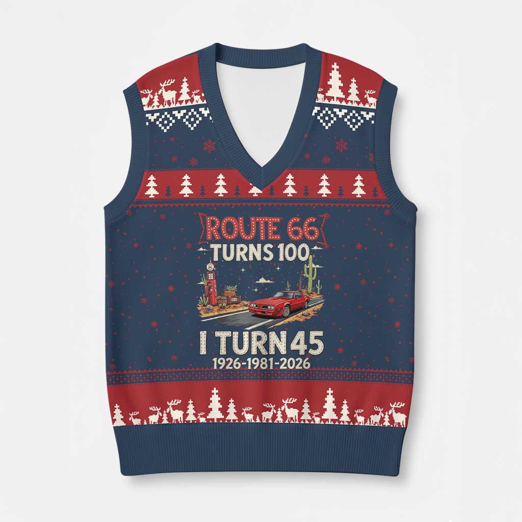 Route Highway 66 Turns 100 I Turn 45 V-Neck Knit Sweater Vest Vintage 1981 Road Sign Classic Muscle Car Lover 45th Birthday Gift