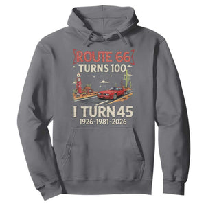 Route Highway 66 Turns 100 I Turn 45 Hoodie Vintage 1981 Road Sign Classic Muscle Car Lover 45th Birthday Gift