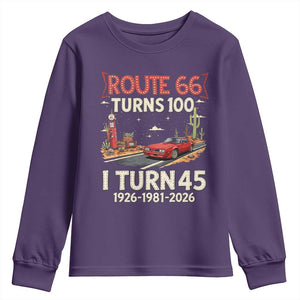 Route Highway 66 Turns 100 I Turn 45 Youth Sweatshirt Vintage 1981 Road Sign Classic Muscle Car Lover 45th Birthday Gift