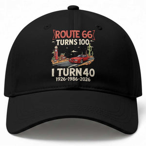 Route Highway 66 Turns 100 I Turn 40 Baseball Cap Vintage 1986 Road Sign Classic Muscle Car Lover 40th Birthday Gift