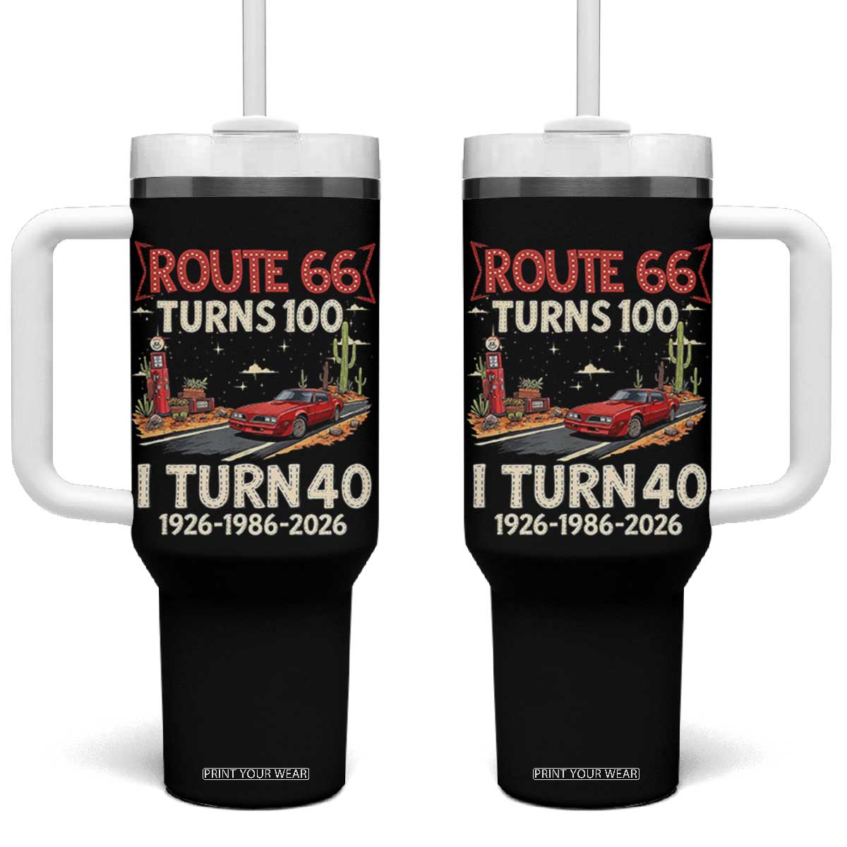 Route Highway 66 Turns 100 I Turn 40 Tumbler With Handle Vintage 1986 Road Sign Classic Muscle Car Lover 40th Birthday Gift