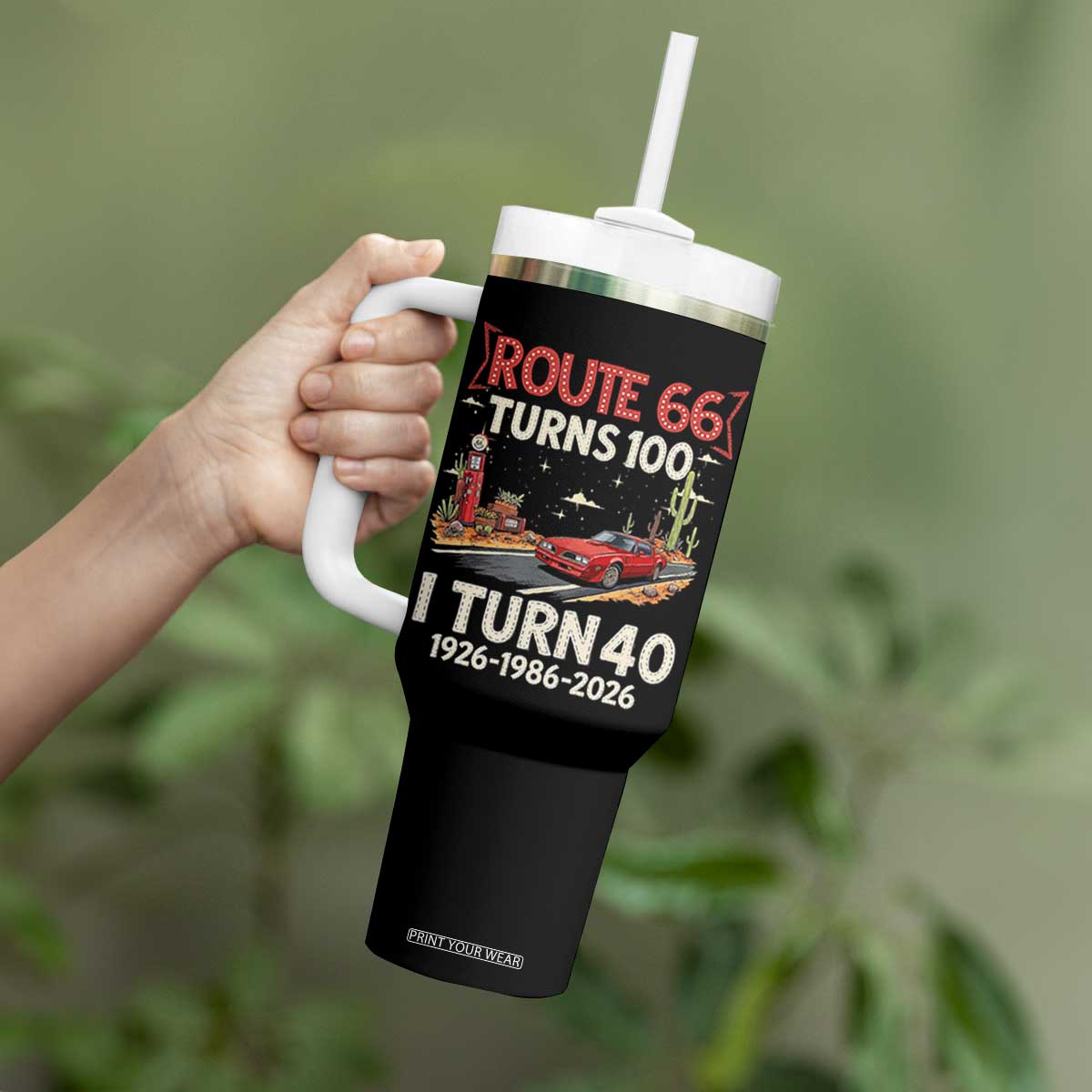 Route Highway 66 Turns 100 I Turn 40 Tumbler With Handle Vintage 1986 Road Sign Classic Muscle Car Lover 40th Birthday Gift