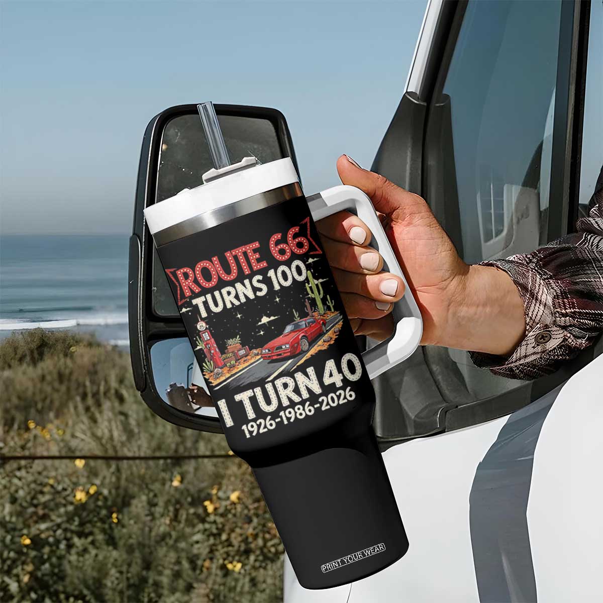 Route Highway 66 Turns 100 I Turn 40 Tumbler With Handle Vintage 1986 Road Sign Classic Muscle Car Lover 40th Birthday Gift