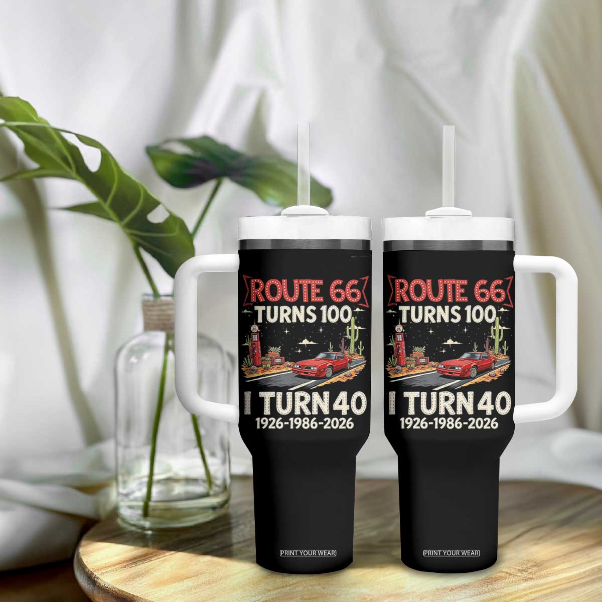 Route Highway 66 Turns 100 I Turn 40 Tumbler With Handle Vintage 1986 Road Sign Classic Muscle Car Lover 40th Birthday Gift