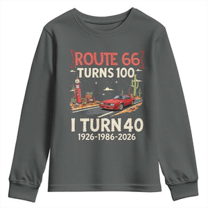 Route Highway 66 Turns 100 I Turn 40 Youth Sweatshirt Vintage 1986 Road Sign Classic Muscle Car Lover 40th Birthday Gift