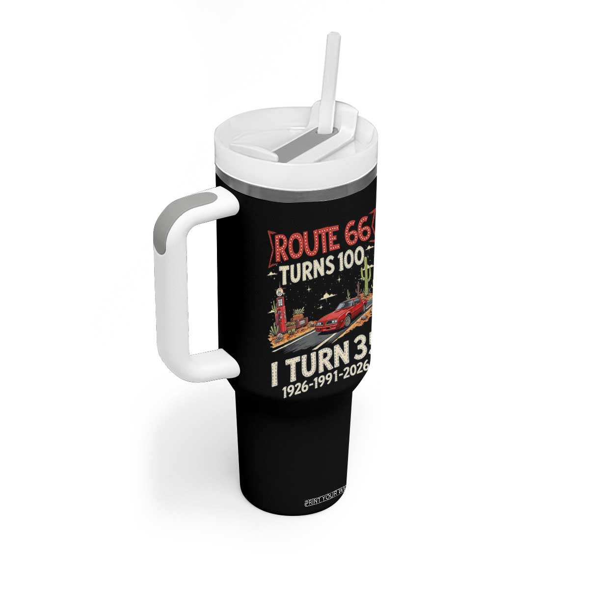 Route Highway 66 Turns 100 I Turn 35 Tumbler With Handle Vintage 1991 Road Sign Classic Muscle Car Lover 35th Birthday Gift