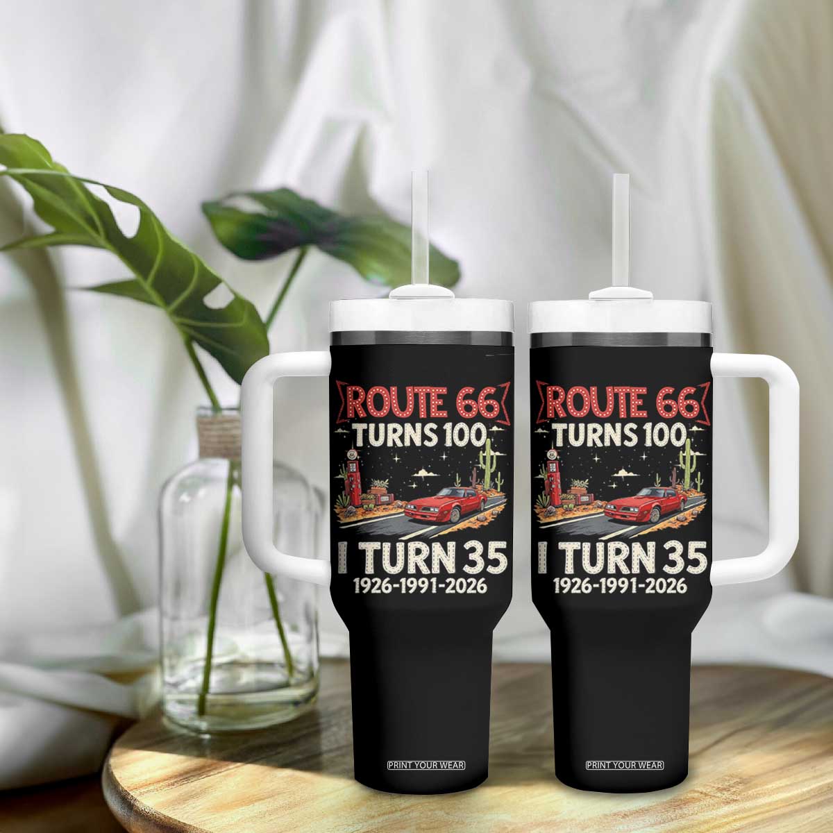 Route Highway 66 Turns 100 I Turn 35 Tumbler With Handle Vintage 1991 Road Sign Classic Muscle Car Lover 35th Birthday Gift