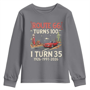 Route Highway 66 Turns 100 I Turn 35 Youth Sweatshirt Vintage 1991 Road Sign Classic Muscle Car Lover 35th Birthday Gift