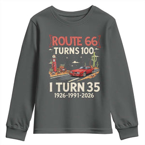 Route Highway 66 Turns 100 I Turn 35 Youth Sweatshirt Vintage 1991 Road Sign Classic Muscle Car Lover 35th Birthday Gift