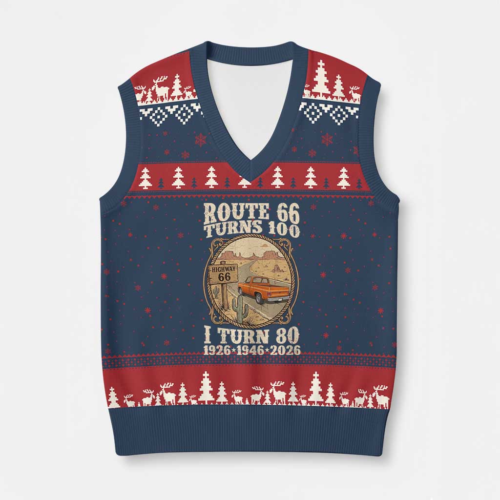 Route Highway 66 Turns 100 I Turn 80 V-Neck Knit Sweater Vest Vintage 1946 Road Sign Classic Pickup Truck Lover 80th Birthday Gift TS14 Navy Red Print Your Wear