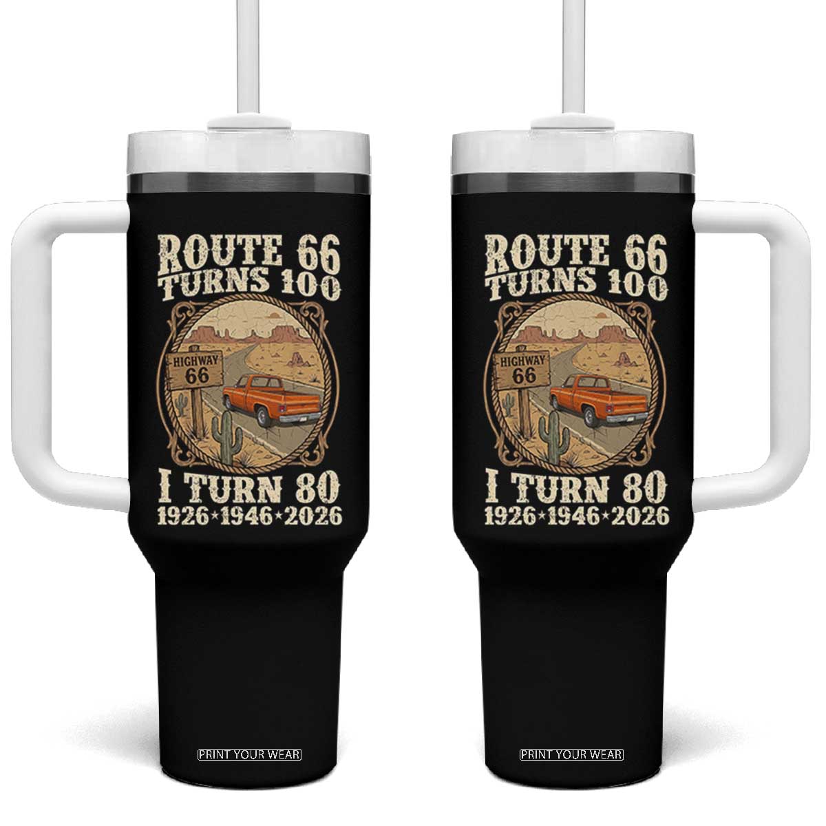 Route Highway 66 Turns 100 I Turn 80 Tumbler With Handle Vintage 1946 Road Sign Classic Pickup Truck Lover 80th Birthday Gift