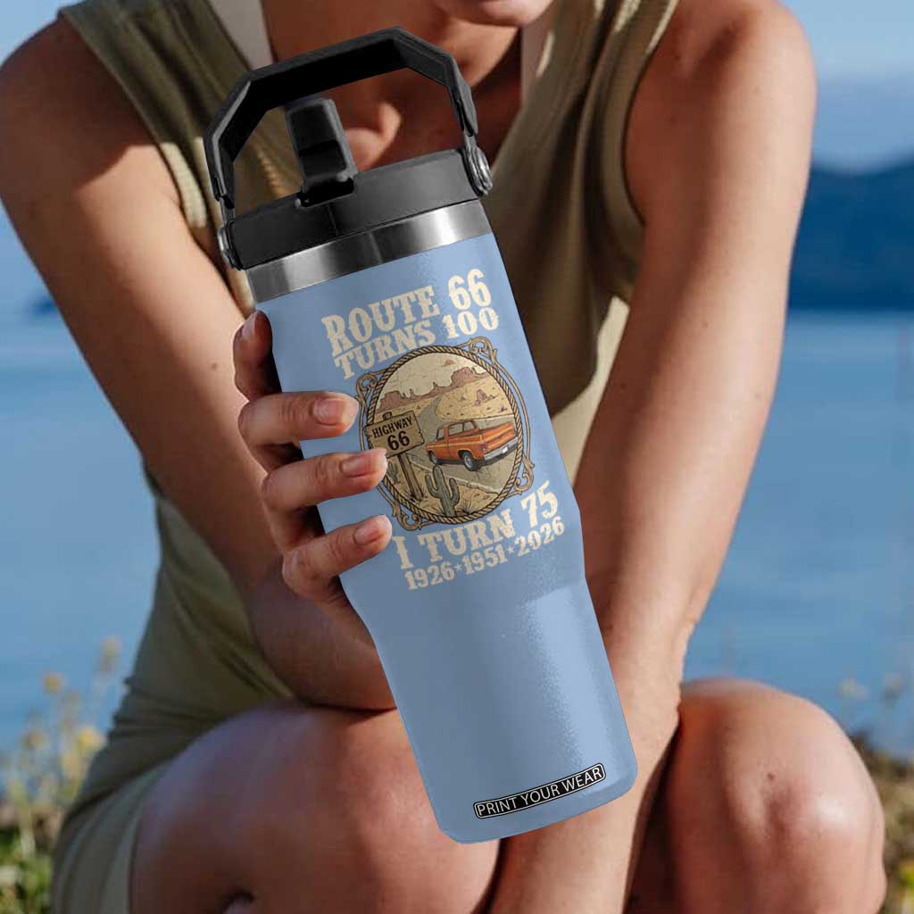 Route Highway 66 Turns 100 I Turn 75 Flip Straw Tumbler Vintage 1951 Road Sign Classic Pickup Truck Lover 75th Birthday Gift