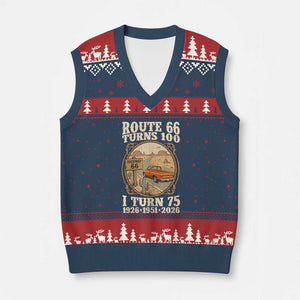 Route Highway 66 Turns 100 I Turn 75 V-Neck Knit Sweater Vest Vintage 1951 Road Sign Classic Pickup Truck Lover 75th Birthday Gift