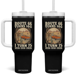 Route Highway 66 Turns 100 I Turn 75 Tumbler With Handle Vintage 1951 Road Sign Classic Pickup Truck Lover 75th Birthday Gift