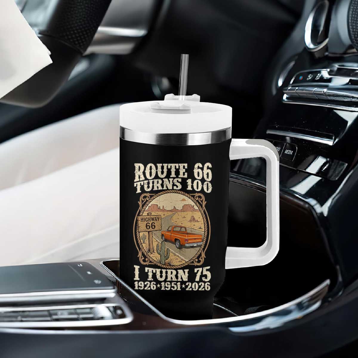 Route Highway 66 Turns 100 I Turn 75 Tumbler With Handle Vintage 1951 Road Sign Classic Pickup Truck Lover 75th Birthday Gift