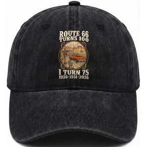 Route Highway 66 Turns 100 I Turn 75 Washed Cotton Baseball Cap Vintage 1951 Road Sign Classic Pickup Truck Lover 75th Birthday Gift
