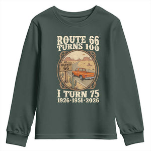 Route Highway 66 Turns 100 I Turn 75 Youth Sweatshirt Vintage 1951 Road Sign Classic Pickup Truck Lover 75th Birthday Gift