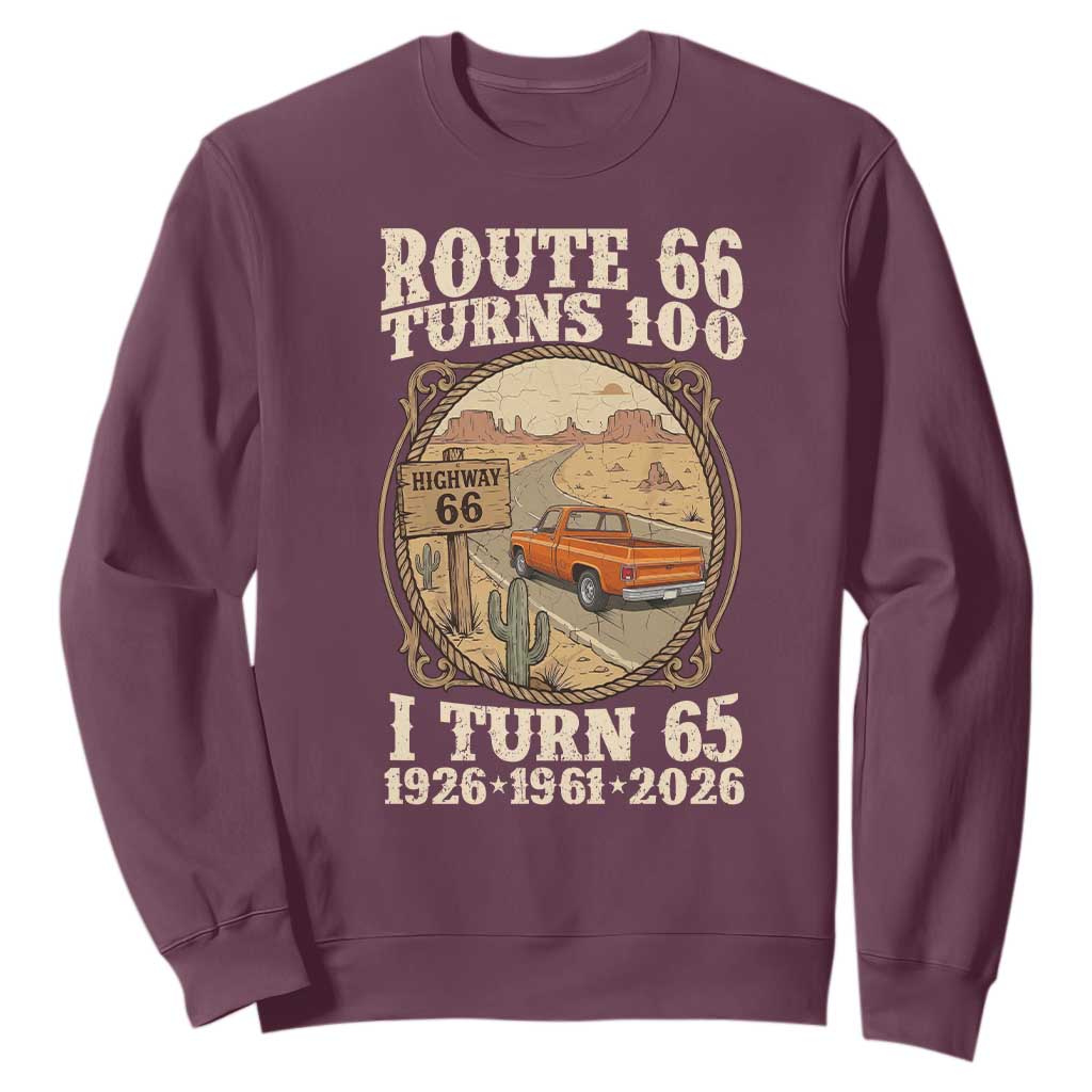 Route Highway 66 Turns 100 I Turn 65 Sweatshirt Vintage 1961 Road Sign Classic Pickup Truck Lover 65th Birthday Gift