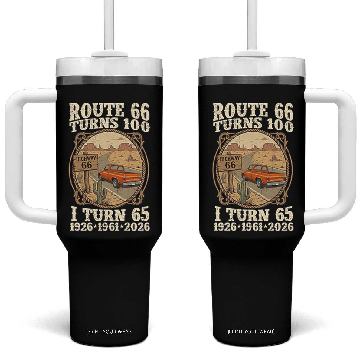 Route Highway 66 Turns 100 I Turn 65 Tumbler With Handle Vintage 1961 Road Sign Classic Pickup Truck Lover 65th Birthday Gift