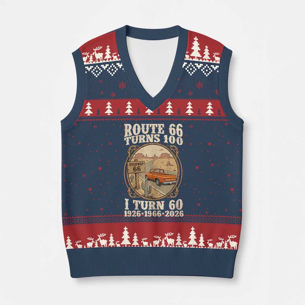 Route Highway 66 Turns 100 I Turn 60 V-Neck Knit Sweater Vest Vintage 1966 Road Sign Classic Pickup Truck Lover 60th Birthday Gift