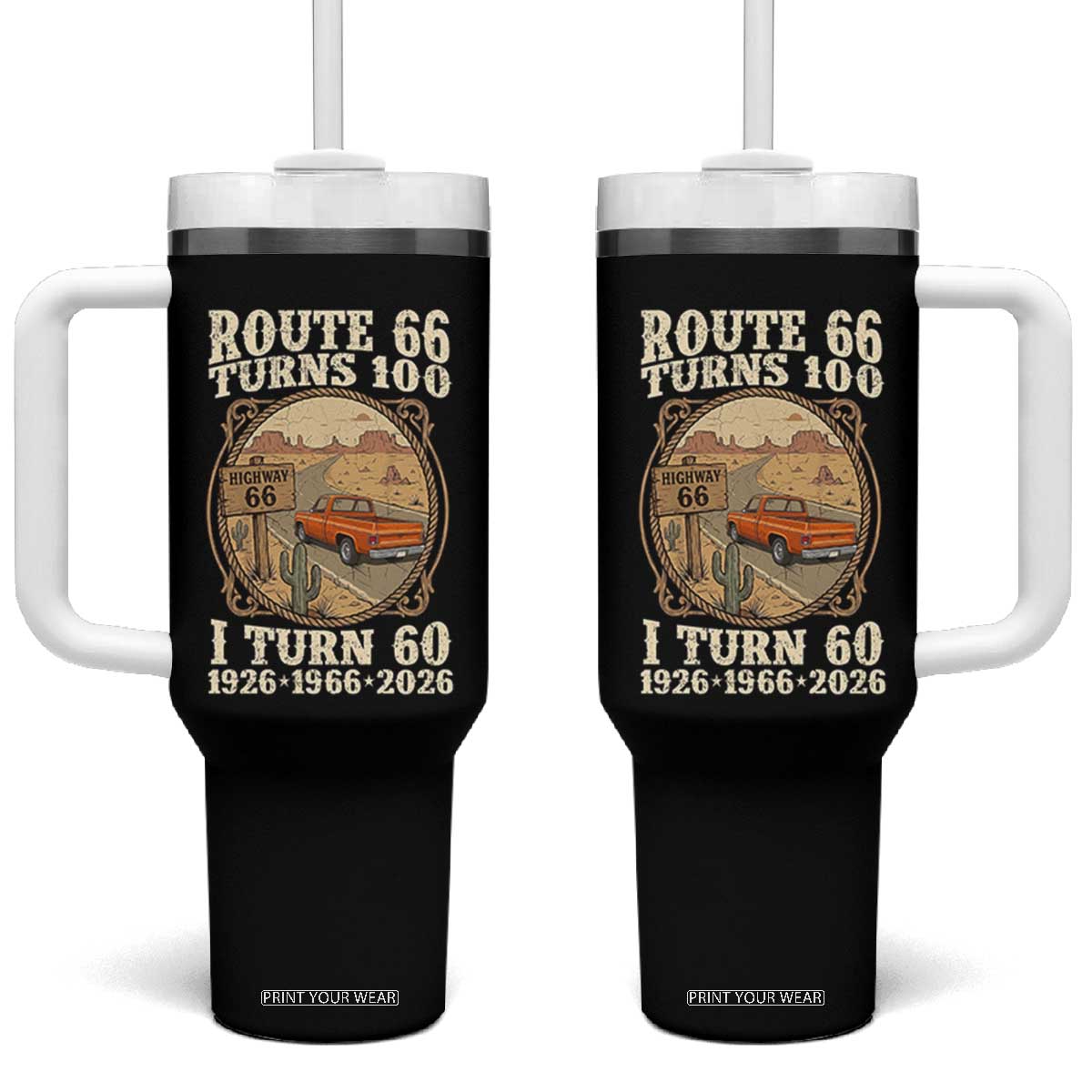 Route Highway 66 Turns 100 I Turn 60 Tumbler With Handle Vintage 1966 Road Sign Classic Pickup Truck Lover 60th Birthday Gift