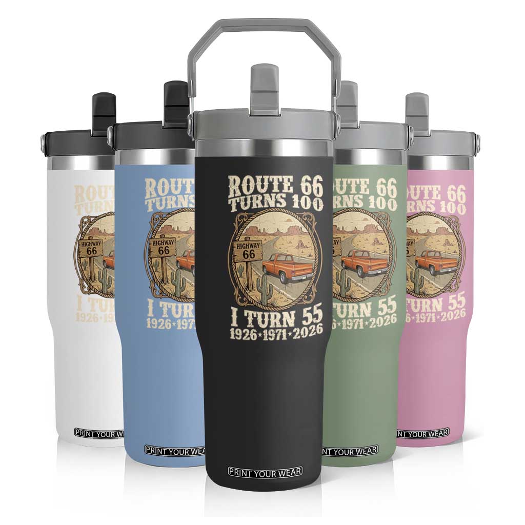 Route Highway 66 Turns 100 I Turn 55 Flip Straw Tumbler Vintage 1971 Road Sign Classic Pickup Truck Lover 55th Birthday Gift
