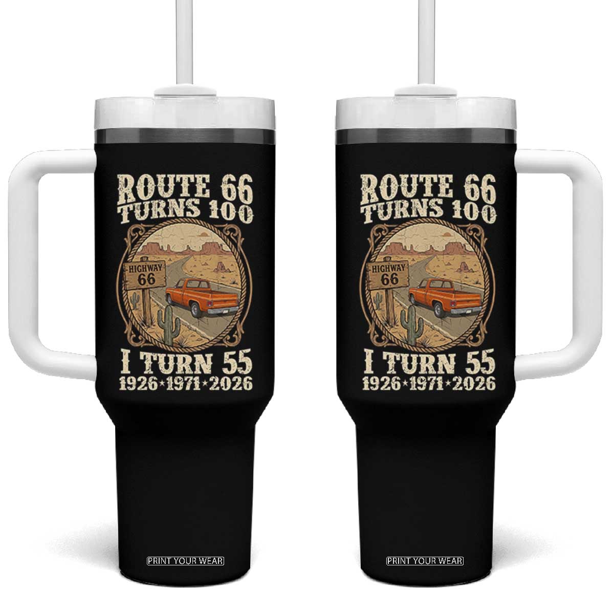 Route Highway 66 Turns 100 I Turn 55 Tumbler With Handle Vintage 1971 Road Sign Classic Pickup Truck Lover 55th Birthday Gift