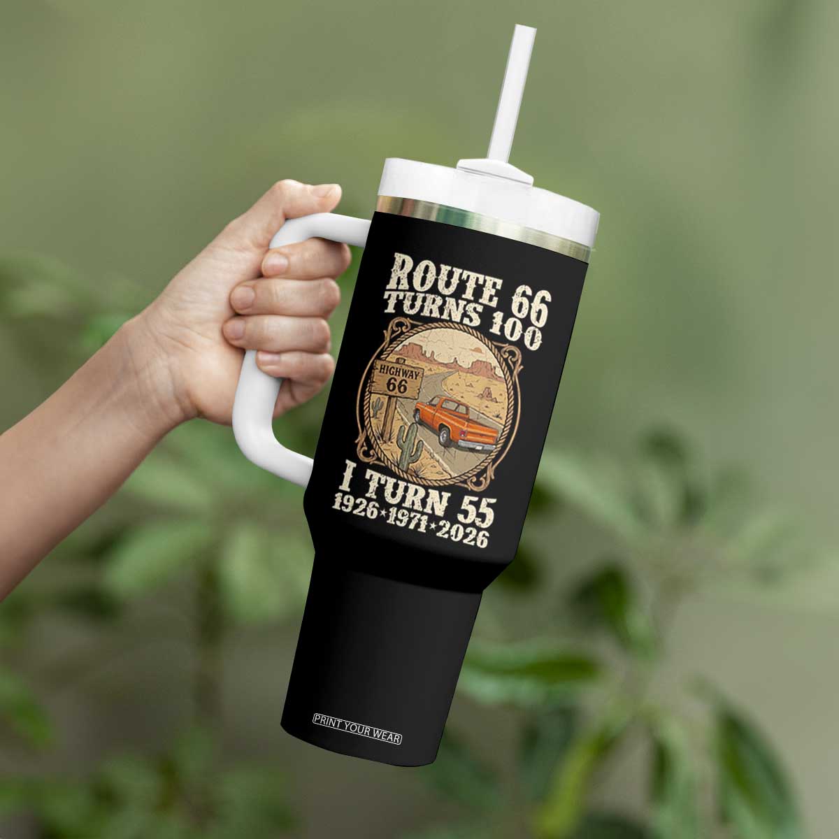 Route Highway 66 Turns 100 I Turn 55 Tumbler With Handle Vintage 1971 Road Sign Classic Pickup Truck Lover 55th Birthday Gift