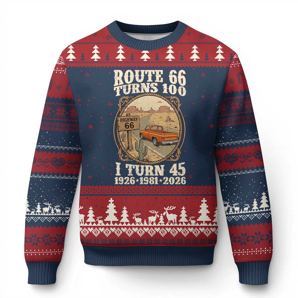 Route Highway 66 Turns 100 I Turn 45 Ugly Christmas Sweater Vintage 1981 Road Sign Classic Pickup Truck Lover 45th Birthday Gift