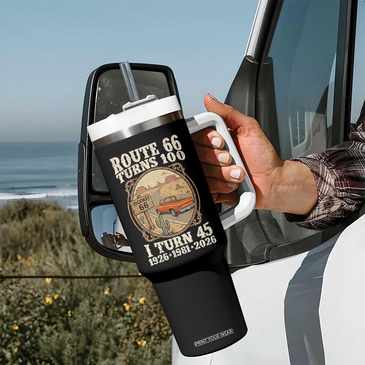 Route Highway 66 Turns 100 I Turn 45 Tumbler With Handle Vintage 1981 Road Sign Classic Pickup Truck Lover 45th Birthday Gift