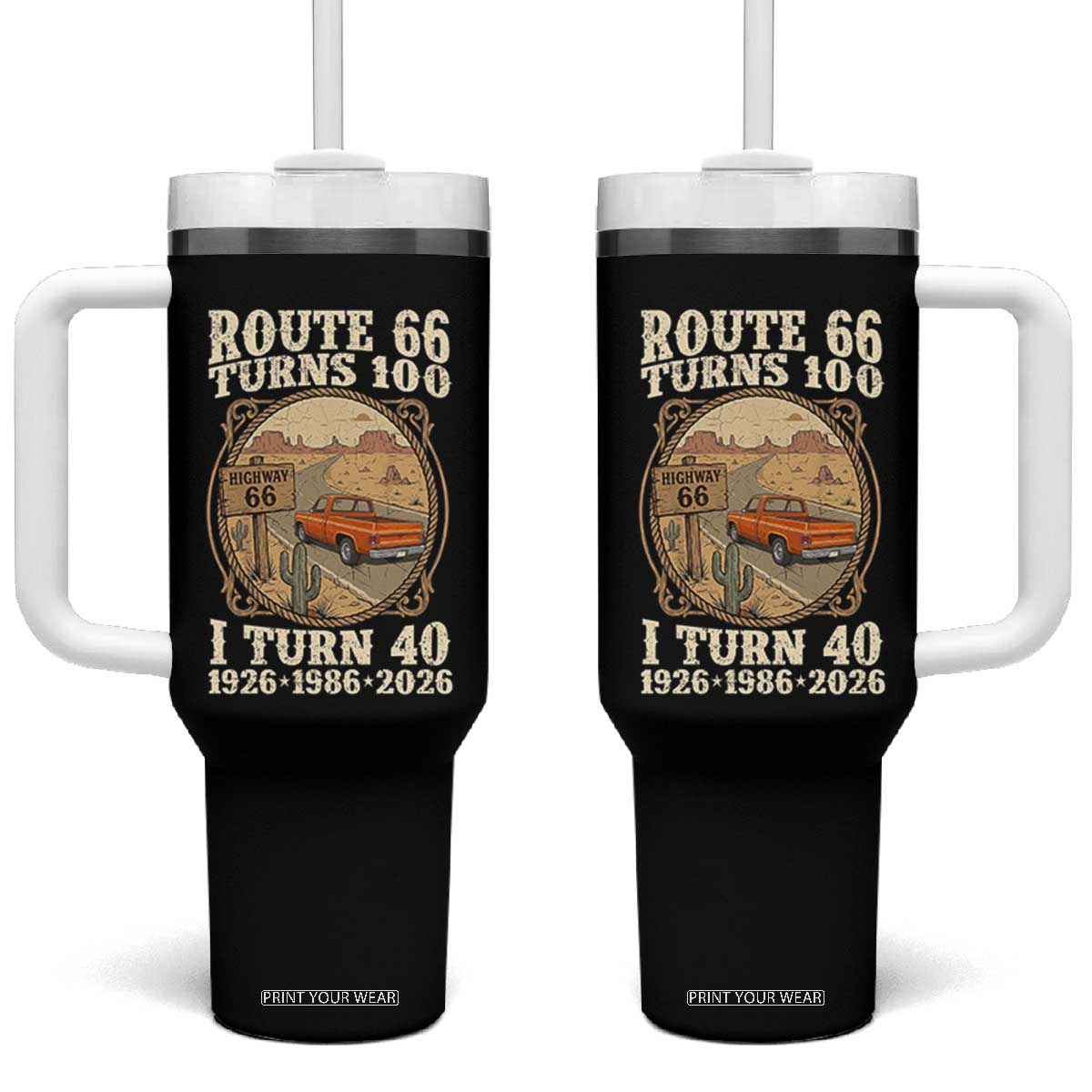 Route Highway 66 Turns 100 I Turn 40 Tumbler With Handle Vintage 1986 Road Sign Classic Pickup Truck Lover 40th Birthday Gift